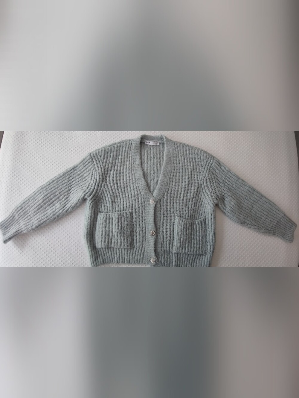 Zara Light Blue Ribbed Knit Cardigan with Crystal Buttons